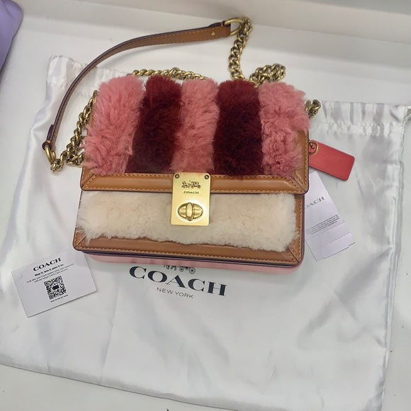 Coach real fur hutch bag patchwork shearling Hutton woman purse pink - Picture 4 of 8